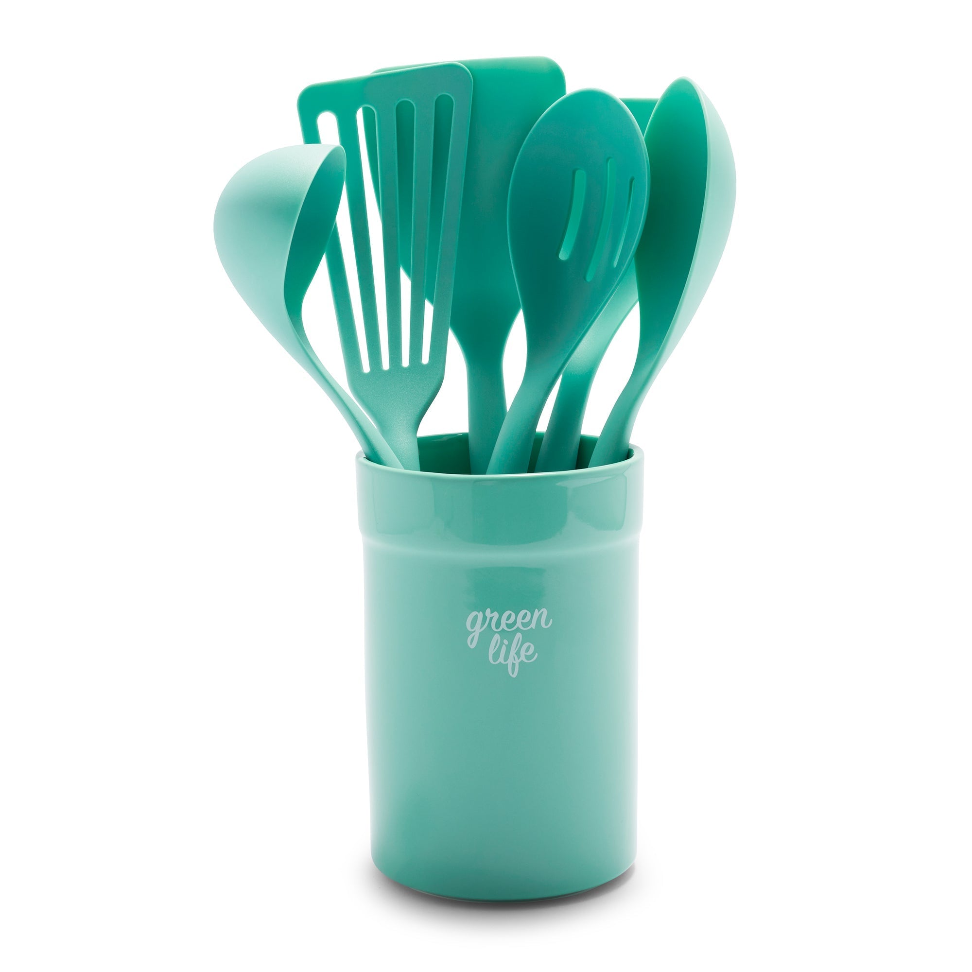 GreenLife Nylon & Wood Cooking Utensils with Ceramic Crock. 7-Piece Set | Turquoise