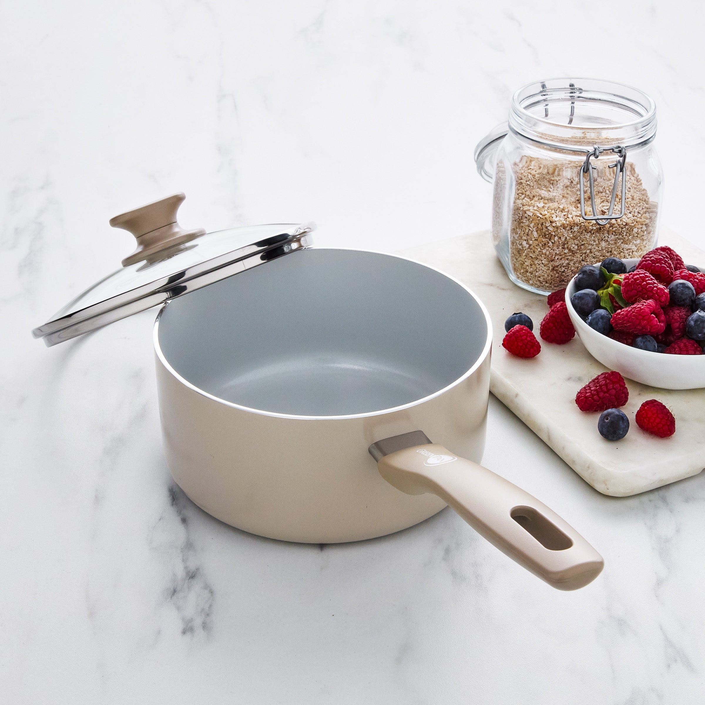 Dover Ceramic Nonstick 2.25-Quart Saucepan with Lid | Taupe - Image 6