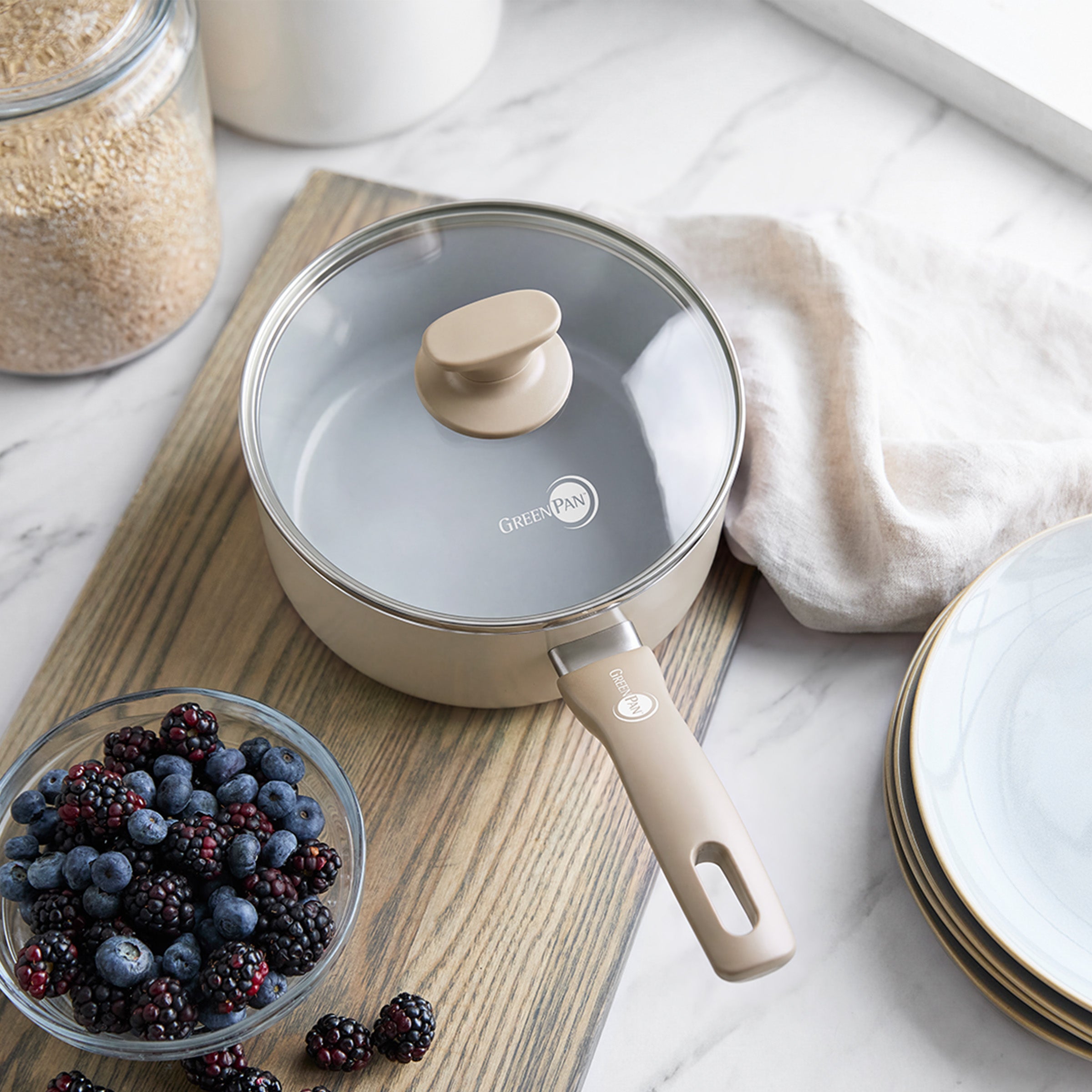 Dover Ceramic Nonstick 2.25-Quart Saucepan with Lid | Taupe - Image 3
