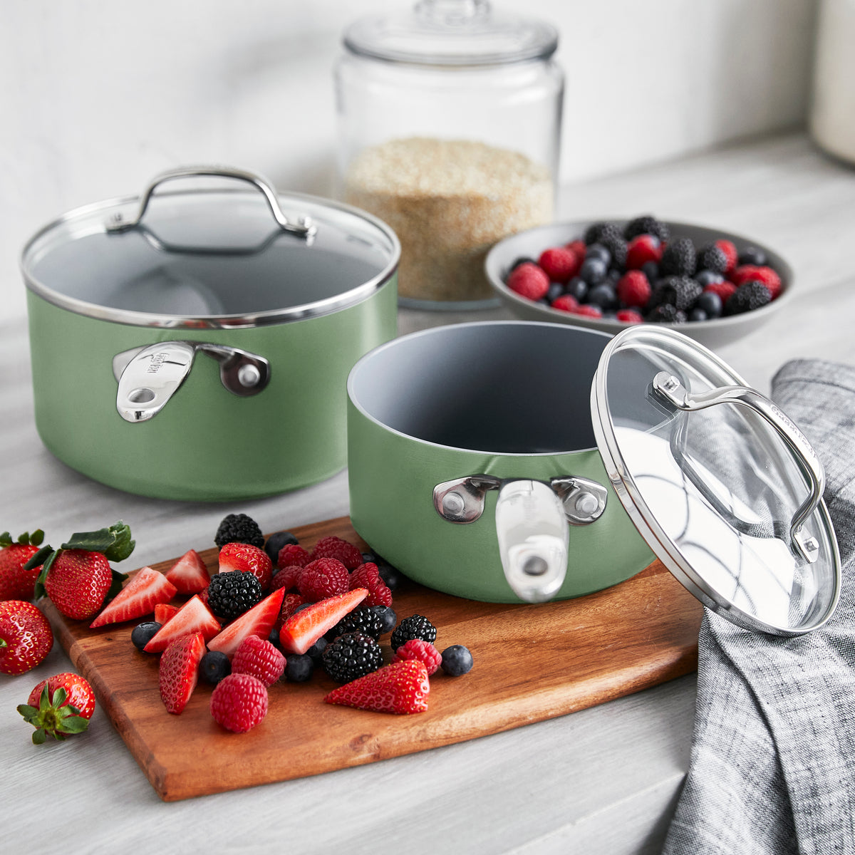 Valencia Pro Ceramic Nonstick 1.5-Quart and 3-Quart Saucepan Set with Lids | Sage - Image 2