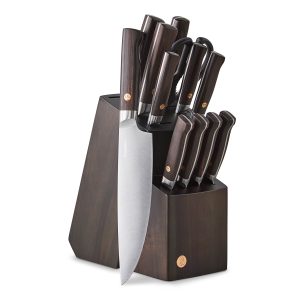 Elite Cutlery 13-Piece Knife Block Set with Dark-Wood Handles