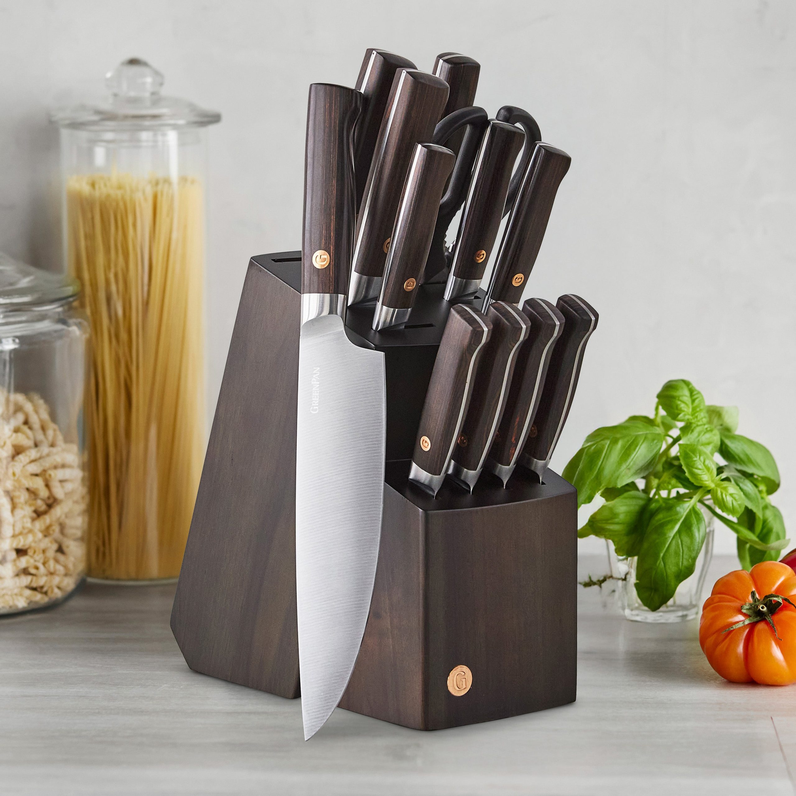 Elite Cutlery 13-Piece Knife Block Set with Dark-Wood Handles - Image 3