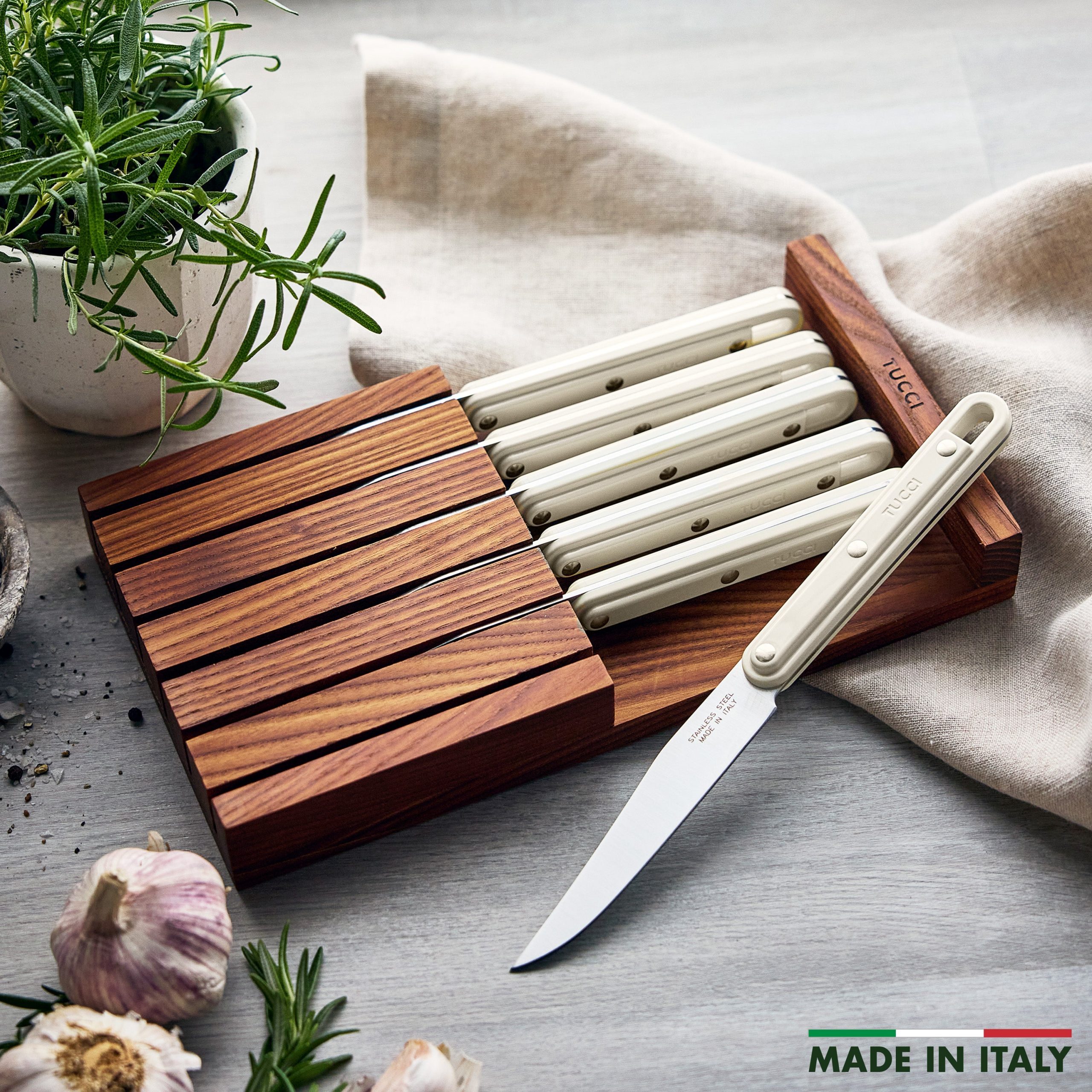 Stanley Tucci™ 6-Piece Steak Knife Set with Wood Tray | Carrara White - Image 2