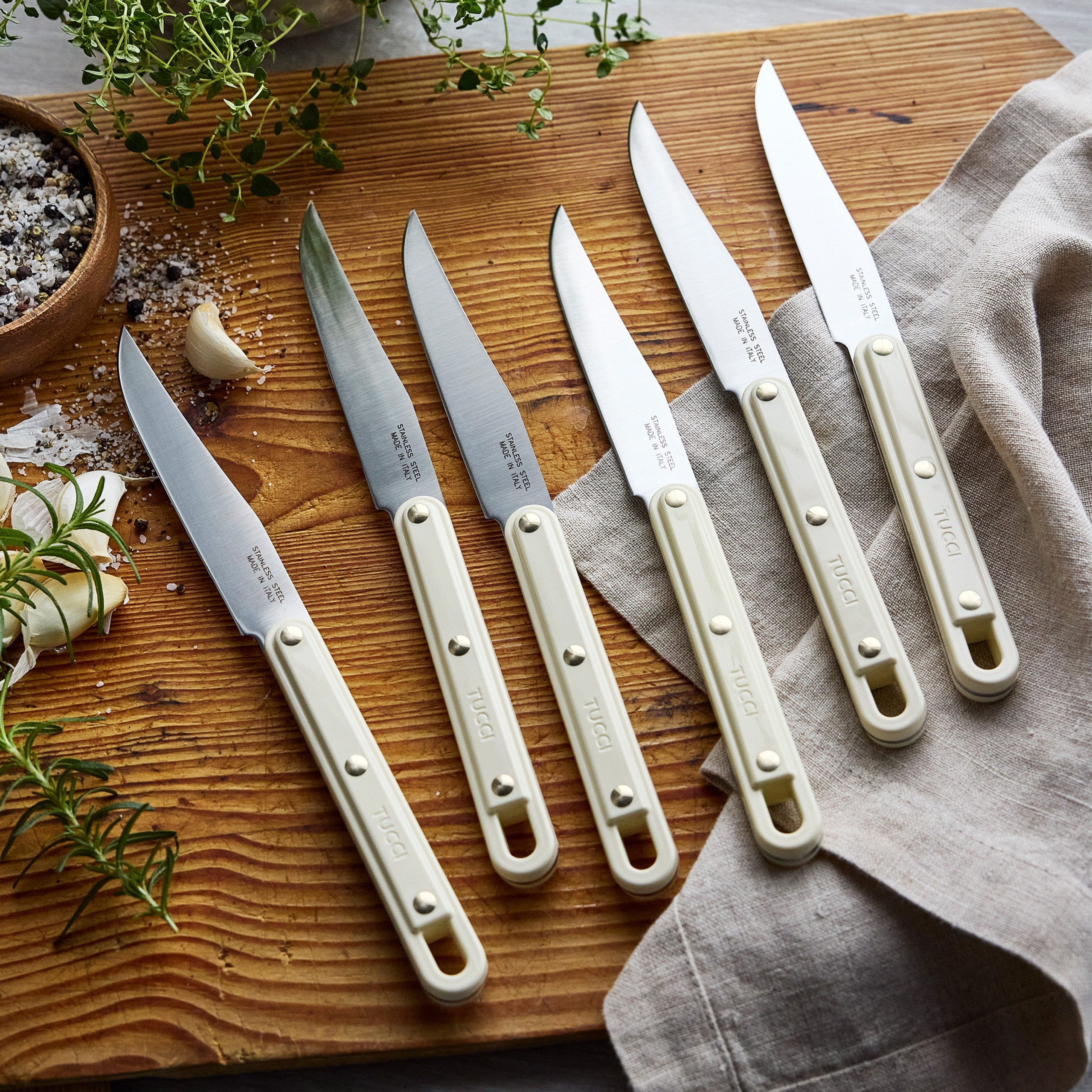 Stanley Tucci™ 6-Piece Steak Knife Set with Wood Tray | Carrara White - Image 3