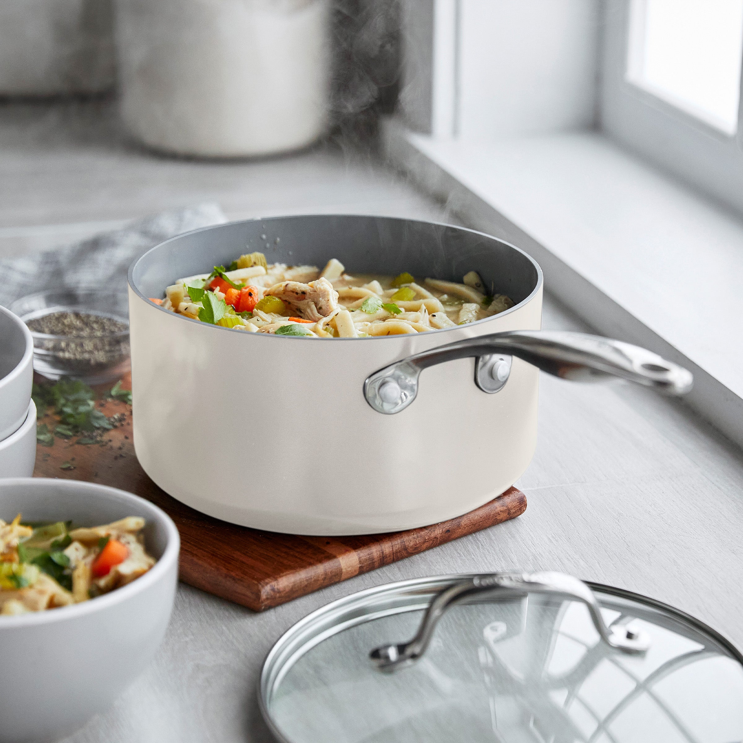 Valencia Pro Ceramic Nonstick 1.5-Quart and 3-Quart Saucepan Set with Lids | Cream - Image 6