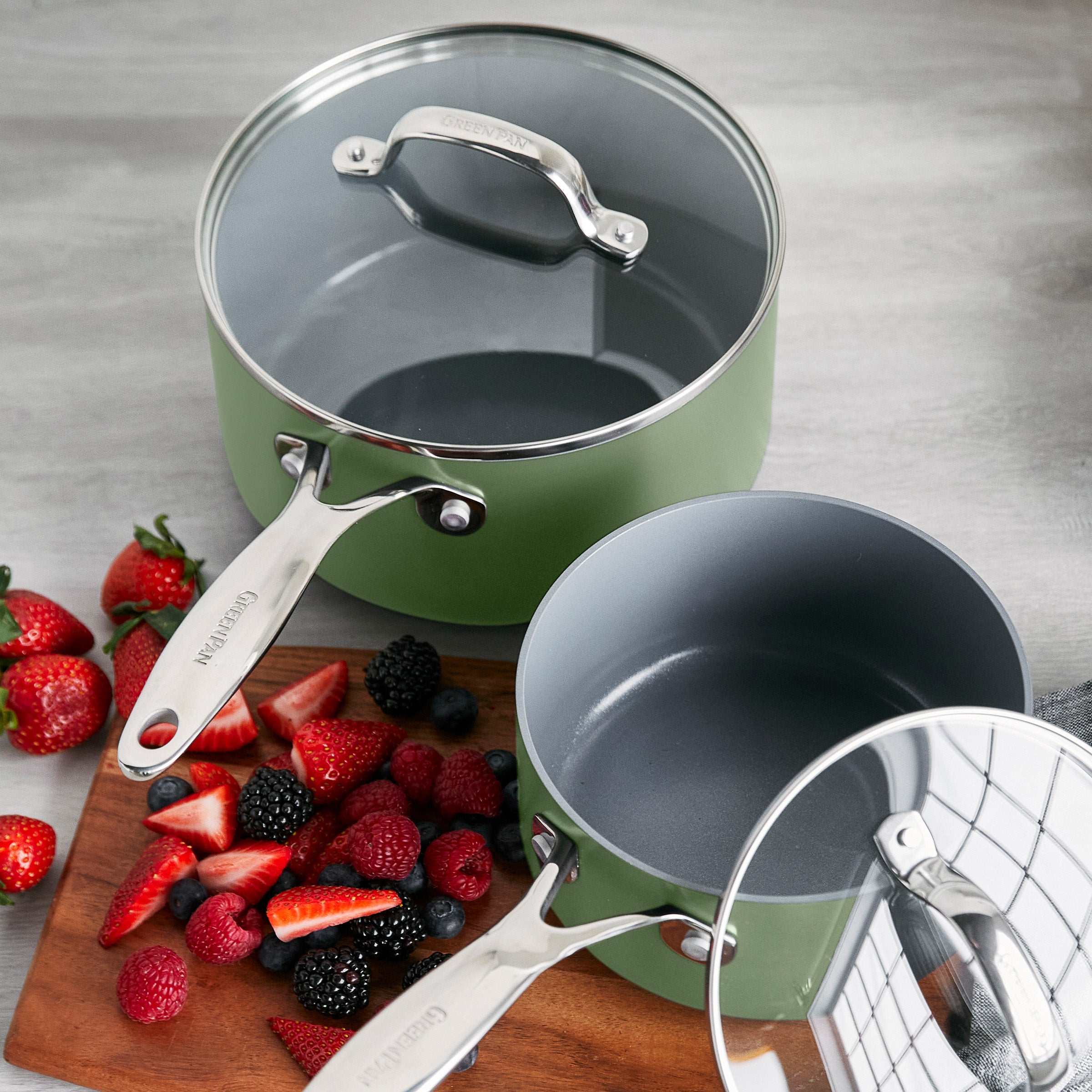 Valencia Pro Ceramic Nonstick 1.5-Quart and 3-Quart Saucepan Set with Lids | Sage - Image 7